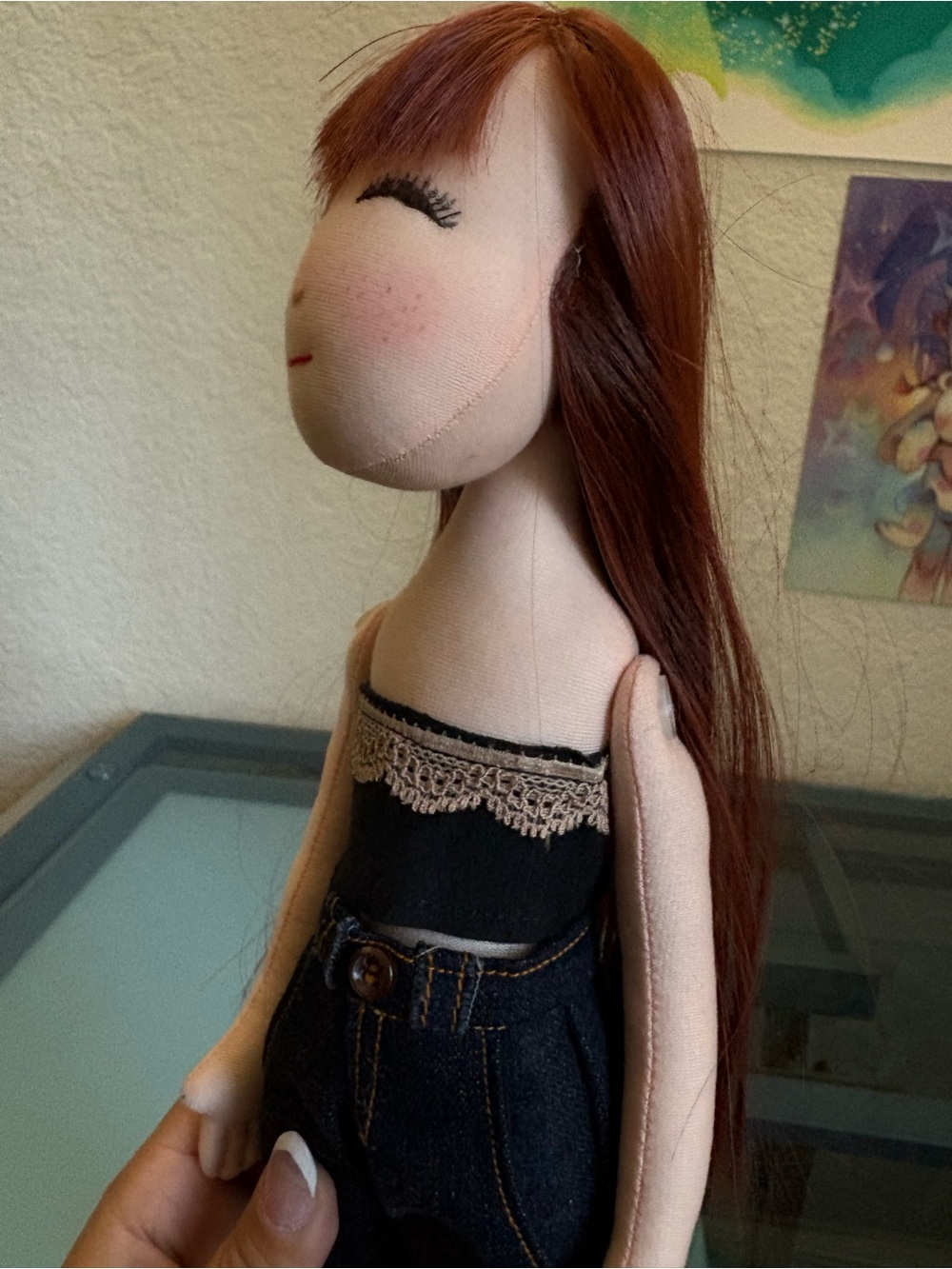 Handmade Brown-Haired Cloth Doll with Black Outfit - Picture 11 of 13